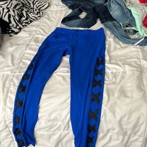 Blue leggings with cut outs on side